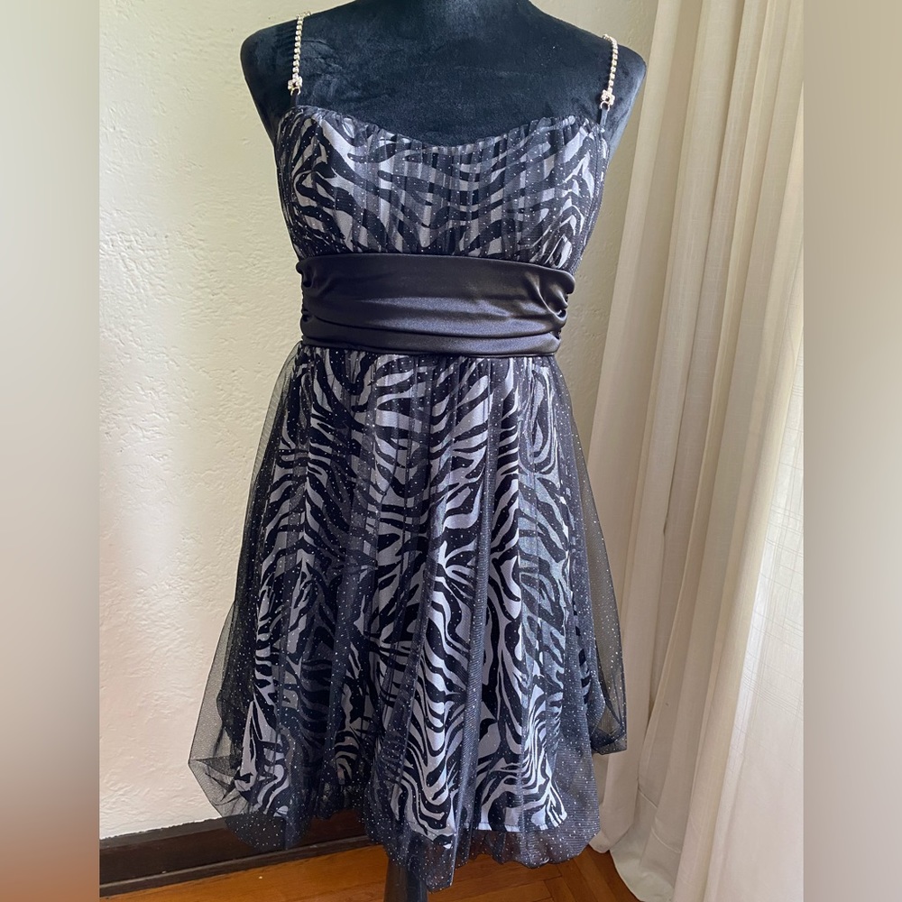 Speechless Sparkly Zebra Print Dress w/ Bow & Rhinestone Straps